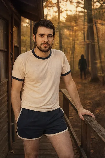 Retro camp portrait on a wooden cabin porch in autumn woods at golden hour (example result of an AI-generated person)