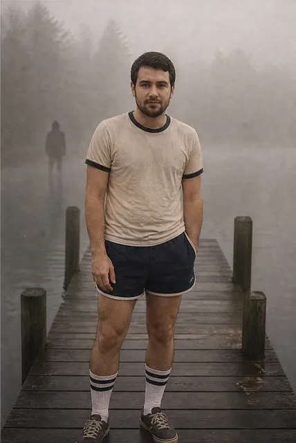 Retro camp portrait at the end of a wooden dock in thick morning fog (example result of an AI-generated person)