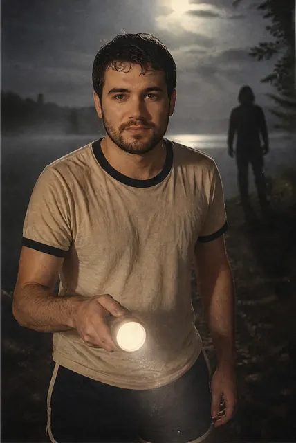 Retro camp portrait by a misty lake at night, holding a flashlight (example result of an AI-generated person)