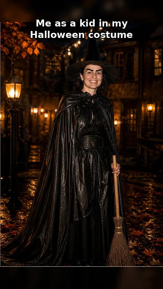 Lie: the witch costume as a cinematic movie-grade costume on a film set (caption: Me as a kid in my Halloween costume)