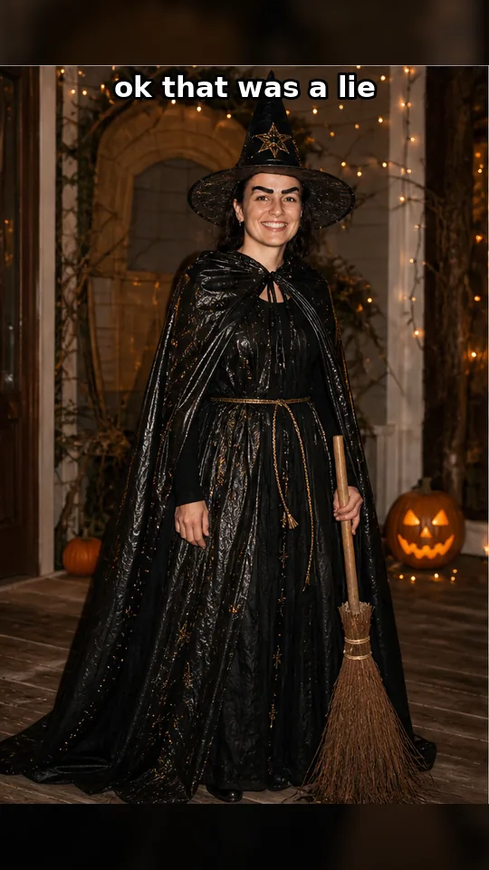 Lie: an impressive professional witch costume on a decorated porch (caption: ok that was a lie)