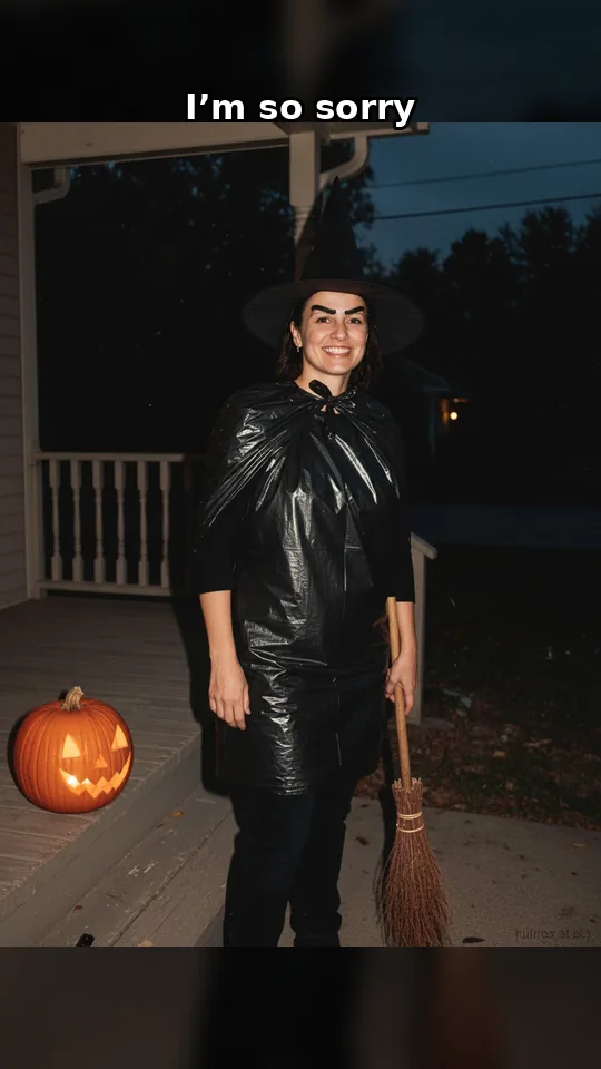 The real photo: a homemade trash-bag witch costume on a porch (caption: I’m so sorry)